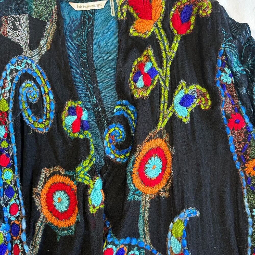 Soft Surroundings Embroidered Peacock Feather Kimono Cardigan Jacket Women's S - Picture 8 of 15